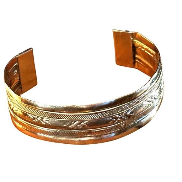 Southwestern Silver Tone Wide Cuff Bracelet, Engraved Tribal Design, Adjustable - Picture 1 of 4